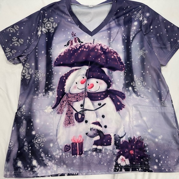Tops - Purple Snowman Print Scrub Top
